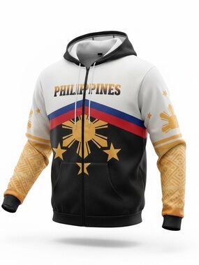 Philippines-Inspired Men's Zip-Up Hoodie Sweater - Black, White & Gold